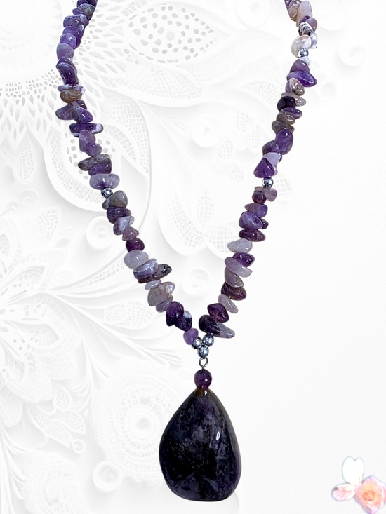 Jewelry - Amethyst Chip Bead Necklace with Dark Amethyst Pendant Silver Tone Hardware